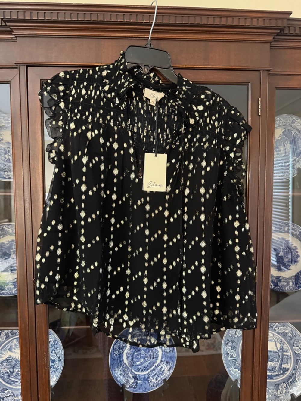 Elan Black Blouse with Cream Dot Print and Ruffle Yoke